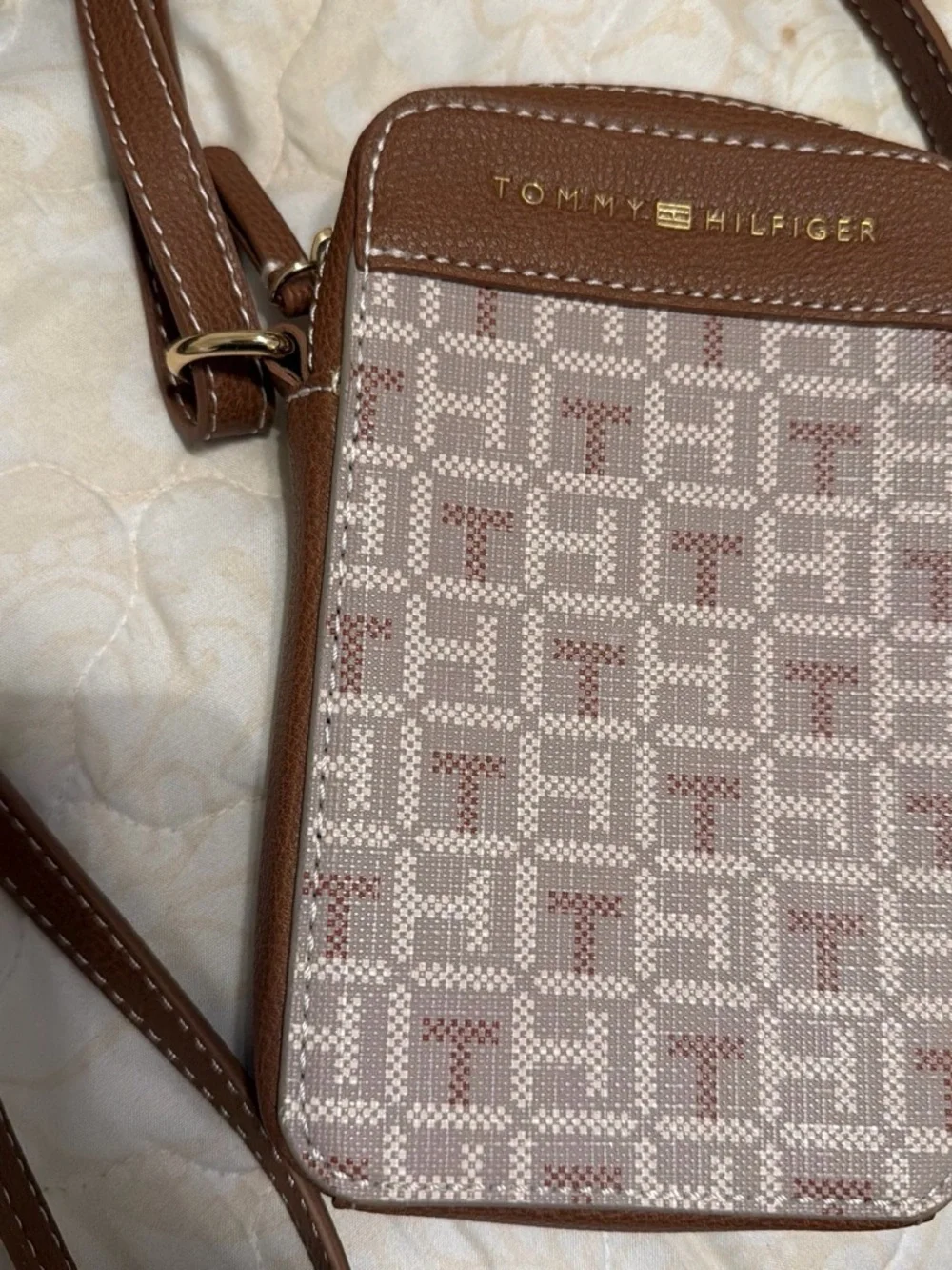 Tommy Hilfiger Brown Beige Monogram Crossbody Phone Bag